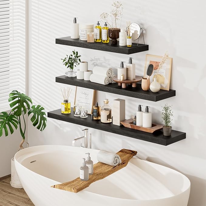 Heimlove 36 Inch Wall Shelf Bathroom Shelves Set of 2, 12" Deep Black Floating Shelves for Wall, Wall Mounted Shelves for Books Living Room Laundry Room Bedroom Kitchen Home Office