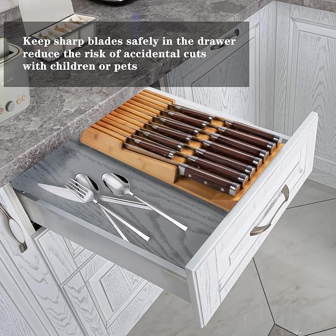 Bamboo Kitchen Drawer Knife Block, In drawer Knife Holder, Knife Drawer Organizer fit for 13 knives