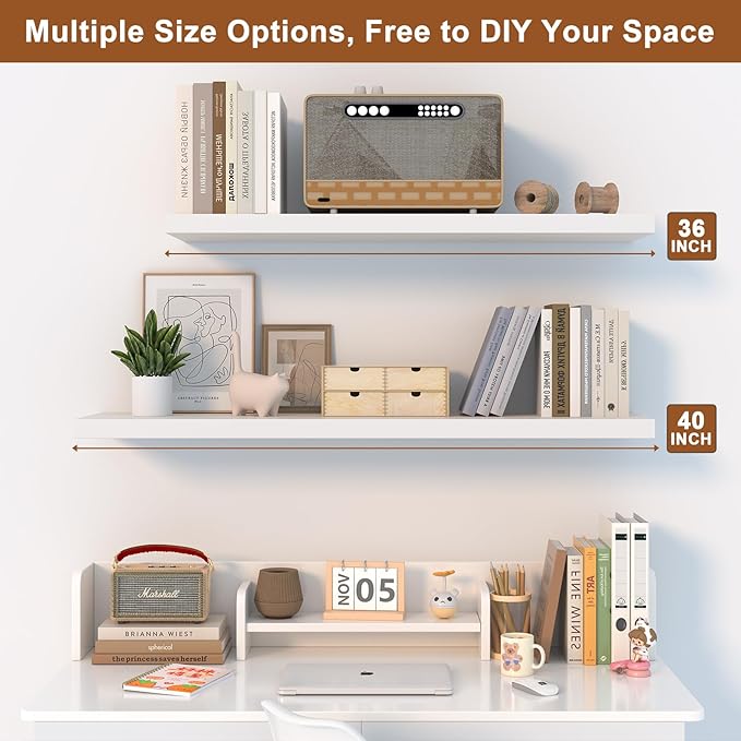 48 Inch Floating Shelf 3 Pack Large Floating Shelves for Wall No Drilling Accessories Included Deep Wall Shelves for Living Room Kitchen Farmhouse 48" W x 12" D x 1.2" White