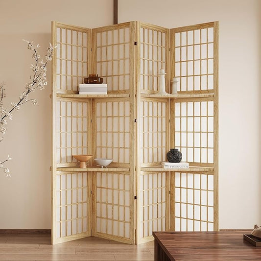 5.6FT Room Divider and Folding Portable Partition Screen, Chinese Japanese Shoji Style with Three Display Shelves for Room Separation - 4 Panel (Natural)