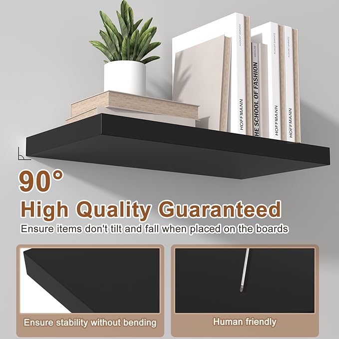 12 Inch Deep Floating Shelves for Wall 3 Pack Floating Shelves Large Storage Space Wall Mount Shelf for Living Room Kitchen Bathroom 36" W x 12" D x 1.2" H Black