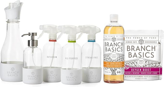 Branch Basics Premium Starter Kit in Glass: All Purpose Cleaner, Glass Cleaner, Bathroom Cleaner, Wash Bottle, and Laundry Bottle (3 Glass Spray Bottles + Concentrate) Fragrance-Free