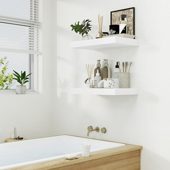 Heimlove 12" Deep White Floating Shelves for Wall, 24 Inch Wall Shelf Bathroom Shelves Set of 1, Wall Mounted Shelves for Books Living Room Laundry Room Bedroom Kitchen Home Office