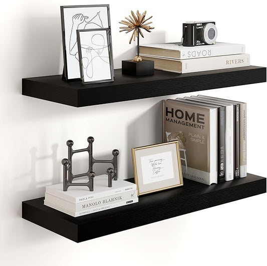 Heimlove 24 inch Floating Shelves for Wall,9.3 inch deep Black Wood Shelves with Invisible Brackets,Wall Mounted Storage & Display Shelves for Bedroom,Living Room,Set of 2
