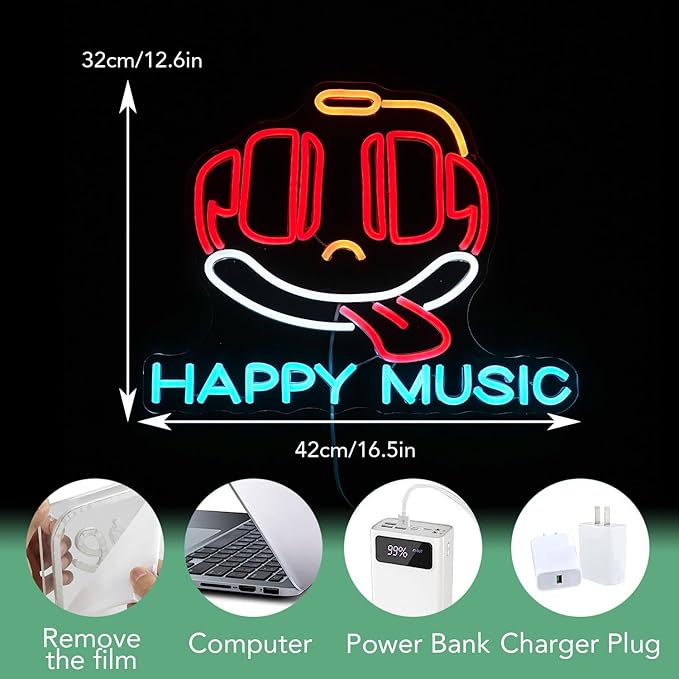 Headphone Neon Sign Dimmable Led Happy Music Neon Light for Wall Decor USB Cute Headset Figure Neon Light Sign for Music Studio Bar Live Music Party Bedroom