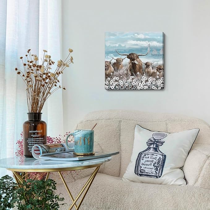 Canvas Wall Art Bathroom Coastal Boho Farmhouse Highland Cow Flower Picture Floral Artwork Rustic Country Landscape Longhorn Animal Painting for Living Room Bedroom Kitchen Décor Blue Brown Small