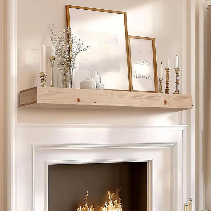 60x8x3 Fireplace Mantel - Handcrafted Hollow Rustic Solid Wood Wall Mounted Floating Shelf - DIY Color - with Invisible Heavy Duty Wood Bracket