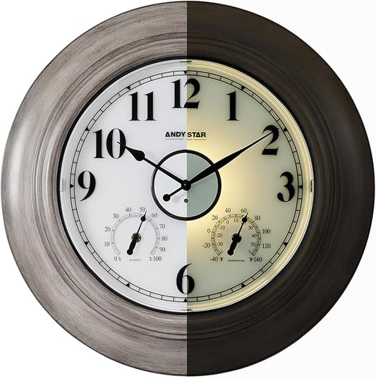 Andy Star 21 Inch Large Luminous Outdoor Wall Clock and Temperature for Patio, Pool, Oversized Round Wall Clocks Waterproof, Vintage Brushed Gray Oak Wooden Finish Silent Non Ticking