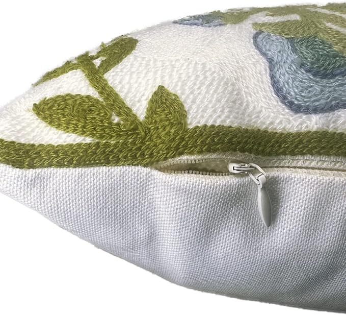Alysheer Summer Floral Embroidered Decorative Throw Pillow Cover 12"x 20", Farmhouse Blue Flowers Green Leaves Patterned Cotton Canvas Lumbar Cushion Case for Sofa Couch Living Room Cottage Decor