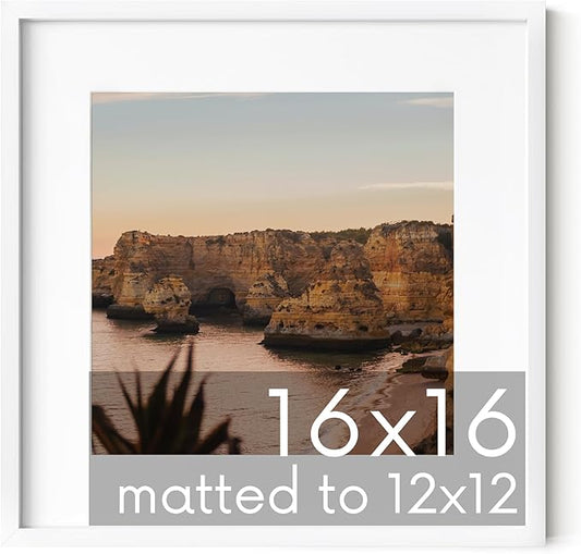 HAUS AND HUES 16x16 White Metal Picture Frame Matted to 12x12 - Features Premium Aluminum & Hanging Hardware, Shatterproof Plexiglass - Ideal for Home, Room, Office (16x16 in, White, Set of 1)