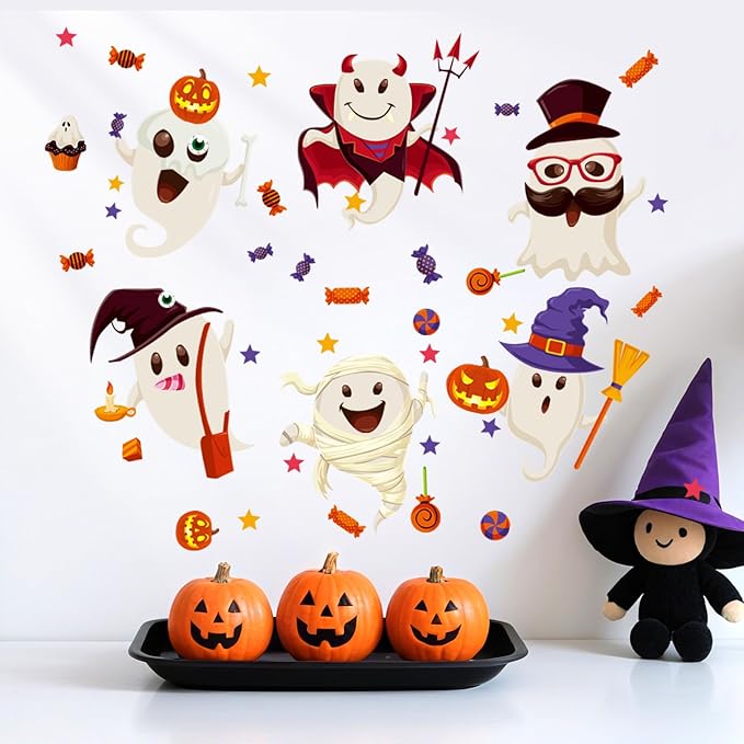 6 Sheet Halloween Stickers Clings Cute Ghost Decals Decor for Kids, Vintage Ghost Evil Pumpkin Reusable Window Stickers for Halloween Party Supplies Home Glass Decorations
