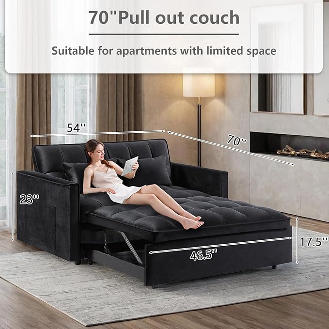 3 in 1 Convertible Sleeper Sofa Bed,Futon Loveseat Couch with Pull-Out Bed & Adjustable Backrest,Velvet Fabric Sofa with Side Pocket for Small Apartment, Living Room, Office (Black)