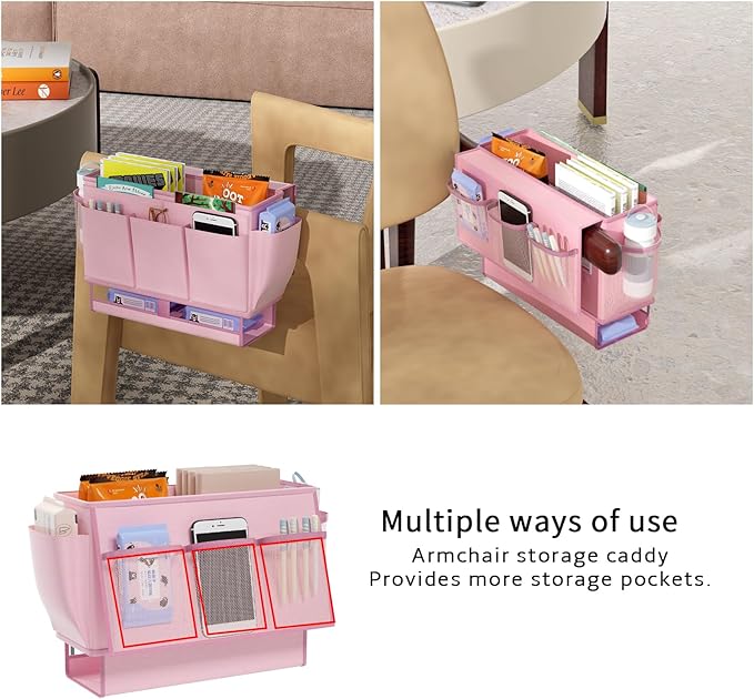 Bedside Caddy, Bed Organizer with 11 Pockets and Power Strip Holder, Versatile Bedside Storage Caddy for Home,Dorm,Bunk,Hospital,Crib Bed (2 Pack Pink)