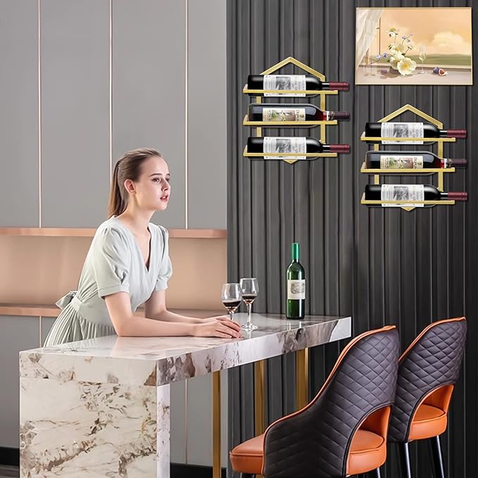 2Pcs Wall Mounted Wine Stemware Rack, Metal Hanging Wine Glass Display Holde Holds 3 Bottles, Elegant Storage for Kitchen Dining Room Bar Wine Cellar (Gold)