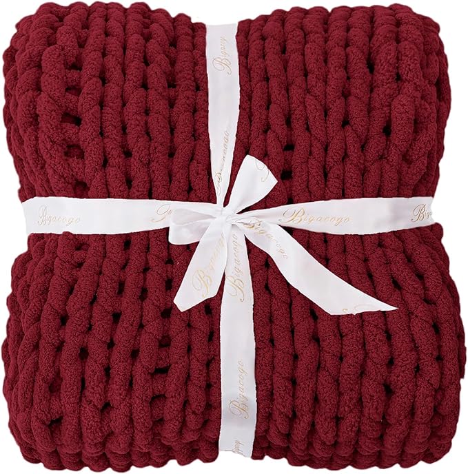 Bigacogo Chunky Knit Throw Blanket for Couch, 51x63 inches, 100% Hand Knitted with Thick Jumbo Chenille Yarn, Cozy Soft Large Rope Knot Cable Crochet Blankets for Sofa Bed Living Room, Red