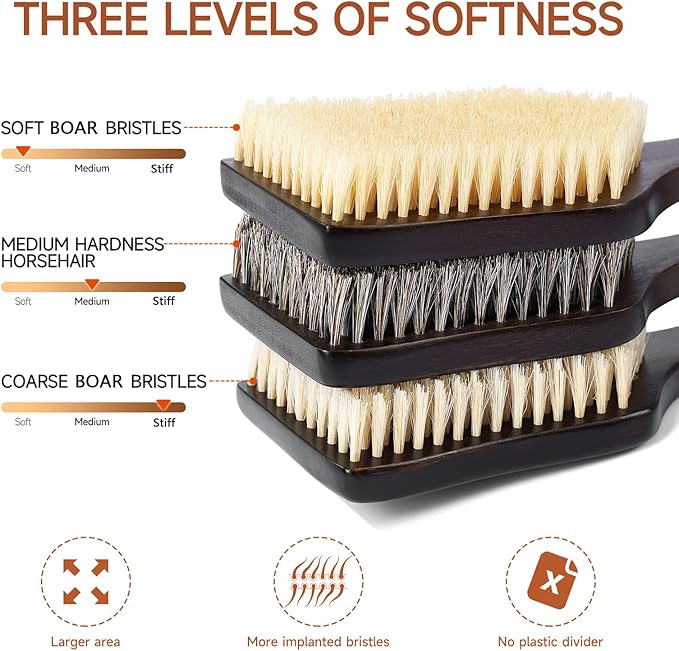 Back Scrubber Shower Brush,Dry Brushing Body Brush with 17.7 Inch Curved Long Handle, Natural Bristles for Lymphatic Drainage, Soft & Stiff Bristles Available (Medium-Soft Horsehair)