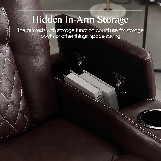 CANMOV Electric Power Recliner Chair Set of 3, Breathable Leather Home Theater Seating with Hidden Arm Storage, Power Recliner Chair with USB Ports and Cup Holders for Living Room,Red Brown