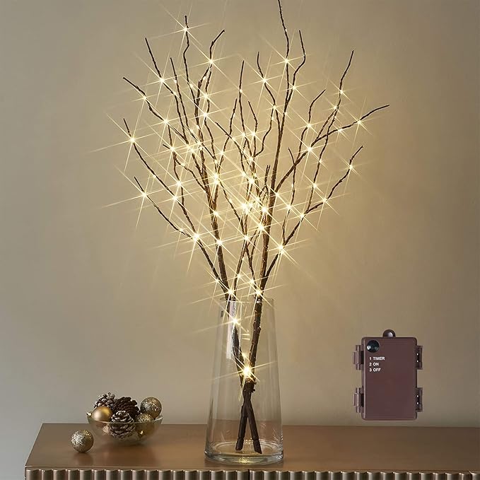 Birchlitland Lighted Brown Branches 32IN 100 LED with Timer Battery Operated, Artificial Tree Branch with Warm,Willow Branch Lights for Home Bedroom Fireplace Christmas Holiday Decoration