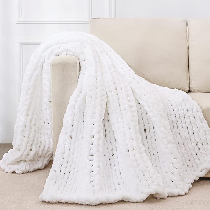 Bigacogo Chunky Knit Throw Blanket for Couch, 51x63 inches, 100% Hand Knitted with Thick Jumbo Chenille Yarn, Cozy Soft Large Rope Knot Cable Crochet Blankets for Sofa Bed Living Room, White