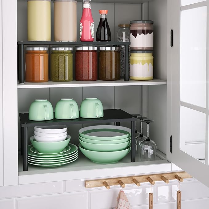 Cabinet Organizer Shelf(Set of 2),Kitchen Counter Shelves,Bamboo Spice Rack Countertop and Cabinet,Stackable Expandable,Large(Black)