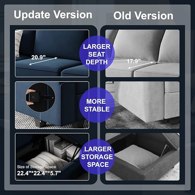 Belffin Modular Sectional Sofa U Shaped Sectional Couch with Reversible Chaises Velvet Modular Sofa with Storage Seat Blue