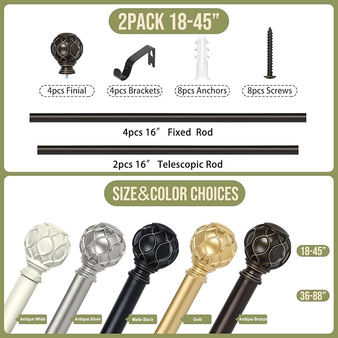 Bronze Farmhouse Curtain Rods for Windows:Heavy Duty Adjustable Curtain Rod for Bedroom Living Room,Boho Decorative Rustic Drapery Rods with Vintage Coastal Finial,Antique Bronze 2 Pack 18-45"