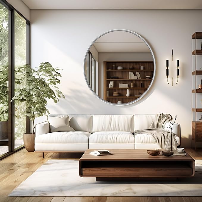 30 Inch Round Bathroom Mirror - Wall Mounted Circle Mirror with Metal Frame, Modern Mirror Suitable for Bathroom, Vanity, Entryway, Living Room, Wall Decor,Silver