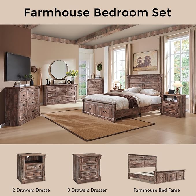 26" Tall Farmhouse Nightstand, 2 Drawers End Table w/Charging Station, 23.6" Wide Large Side Table w/Roman Column, Wood Rustic Sofa Table w/Open Shelf, Bedside Table for Bedroom, Light Brown