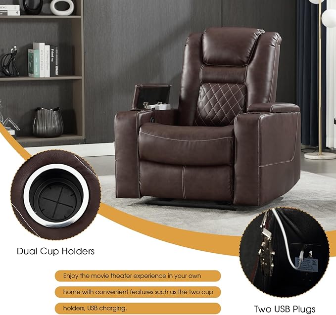 CANMOV Electric Power Recliner Chair Set of 3, Breathable Leather Home Theater Seating with Hidden Arm Storage, Power Recliner Chair with USB Ports and Cup Holders for Living Room,Red Brown