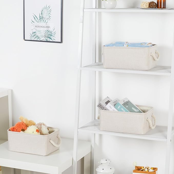 Bidtakay Small Storage Bins for Shelves 3 Pack Fabric Storage Baskets for Organizing 12x8x5 Inch Closet Storage Bins Linen Collapsible Organizer for Closet-Light Biege