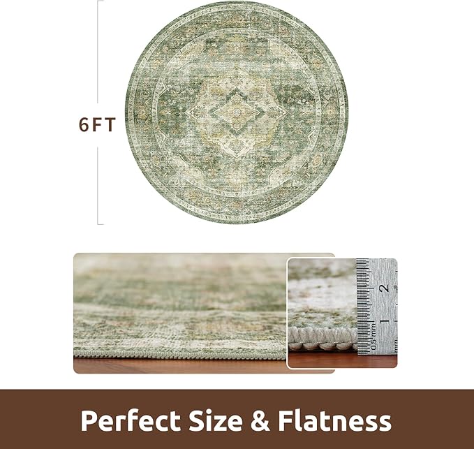 AMOAMI-6FT Round Rug-Rugs for Living Room-Vintage Soft Olive Green Rugs for Bedroom-Non Slip Circle Rug-Machine Washable Rug for Dining Room Living Room Bedroom Office Under Table