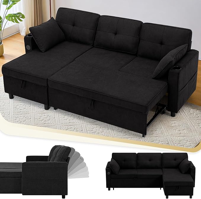 84 Inches Fabric Sectional Sofa w/Pull Out Sofa Bed & Adjustable Back, Tufted L Shaped Couch w/Storage Chaise, Sleeper Sectional Sofa w/USB Port & Cup Holders for Living Room, Black
