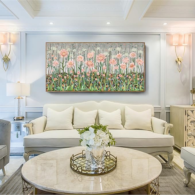 amatop Framed Oversized Floral Canvas Wall Art Canvas Print Modern Botanical Flower Field Rustic Wall Decor Abstract Nature Blooming Wildflower Pale Pink Green Artwork for Living Room Bedroom Office 58x29 in