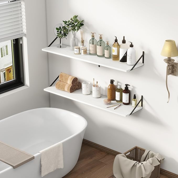 12 Inch Deep Floating Shelves, White Floating Shelves 48W x 12D, Deep Wall Shelves Bracket Set of 2, Large Display Hanging Floating Shelf for Bathroom, Living Room, Wide Storage Wooden Wall Shelf