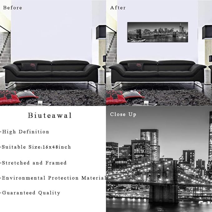 Biuteawal - Black and White Brooklyn Bridge Canvas Wall Art New York City Picture Print Manhattan Night Skyline Painting on Canvas Modern Home Office Wall Decoration Ready to Hang