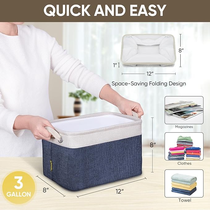 BALEINE 3 Pack Fabric Storage Bins for Shelves, Linen Storage Baskets for Organizing, Decorative Closet Bins for Clothes, Home (Navy Blue, 12"x8"x8")