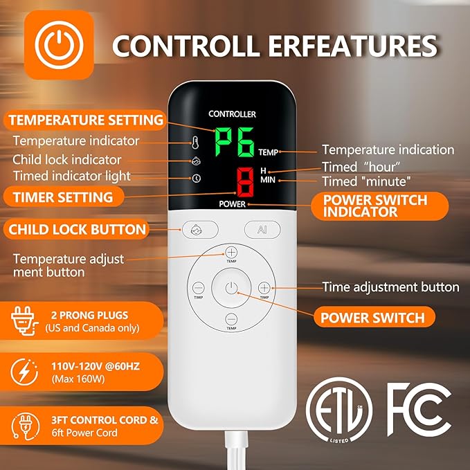 Heated Blanket Throw 50x60, Extra Plush 220GSM Flannel & Sherpa with Child Lock | 6-Level Smart Adaptive Heat & 8Hr Timer | ETL Certified Electric Blanket for Full Body Comfort