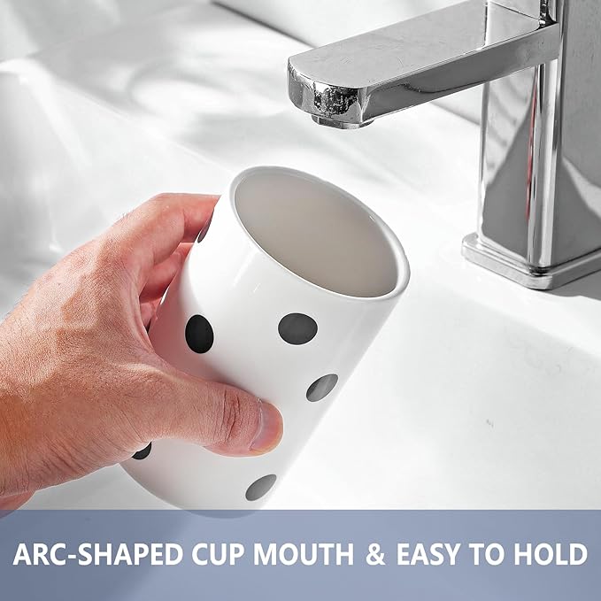 Black Polka Dot Ceramic Toothbrush Holders White - 2 Cups Toothbrush Holders for Bathrooms Toothbrush Toothpaste Holders, White Bathroom Tumbler Cups, Reusable Toothbrush Cups