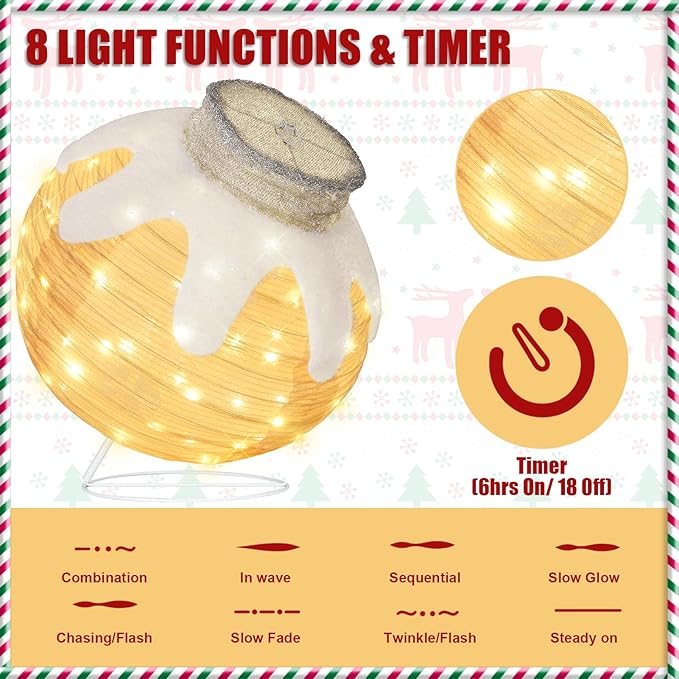 BRIGHTDECK Outdoor Christmas Ornaments, Lighted Pop-Up Outdoor Holiday Ball Decoration with 80 LED Lights, 8 Light Modes, Lighted Collapsible Holiday Decorations for Yard, Home(Beige)