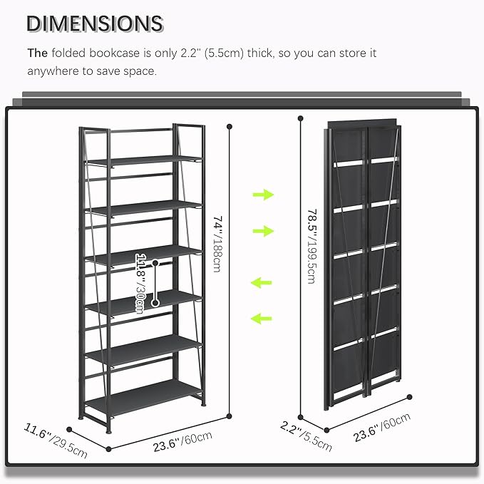 4NM No Assembly Foldable Bookshelf, 6-Shelf Collapsible Bookcase Storage for Small Spaces, 74" H, All Black