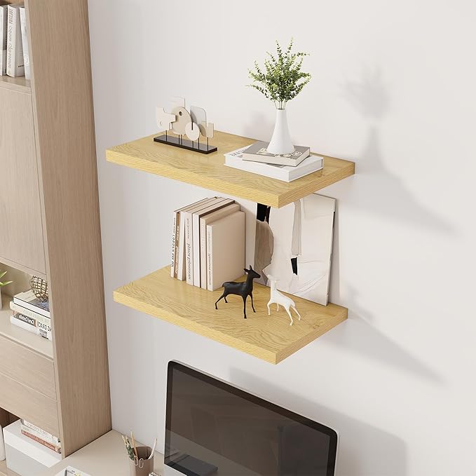 24" Floating Shelves for Wall, 12" Deep Slim Oak Floating Shelves, Wall-Mounted Shelves for Bedroom, Living Room, Kitchen, Bathroom - Set of 2