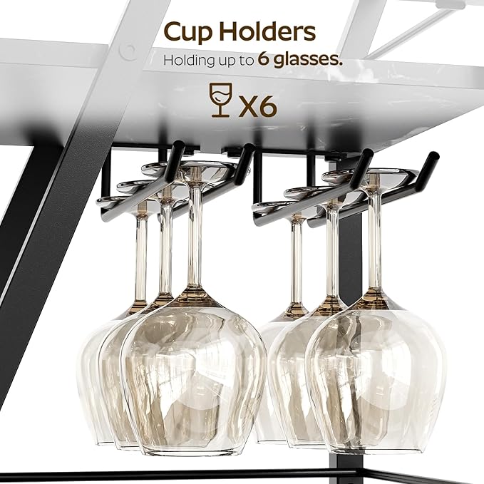 Bar Cart, Bar Cart for The Home, Small Bar Cart on Wheels, Beverage Cart, Home Bar Serving Cart with Glass Holder, Drink Cart for Bar, Kitchen, Dining, Marble Black and Black BC03BM