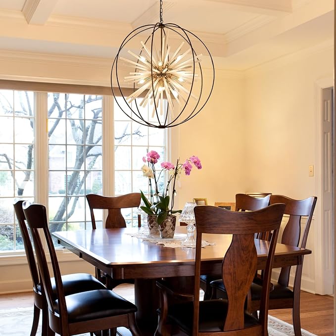 31.5" Black Gold 16-Light Globe Sputnik Chandelier Modern Industrial Adjustable Hanging Ceiling Pendant Light Fixture for Entryway Foyer Stairway Dining Living Room Hallway