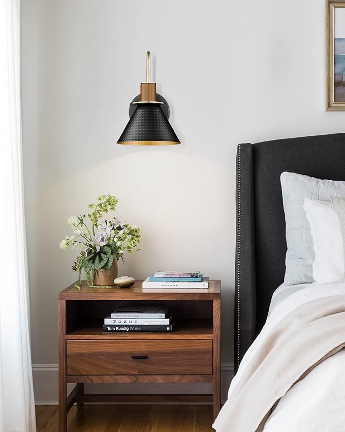 Black Wall Sconce, HWH Industrial Indoor Wall Light Fixture, Single Wall Vanity Light Gooseneck Barn Wall Lamp with Hammered Metal Shade, Black and Gold Finish, 5HZG74B BK+BG