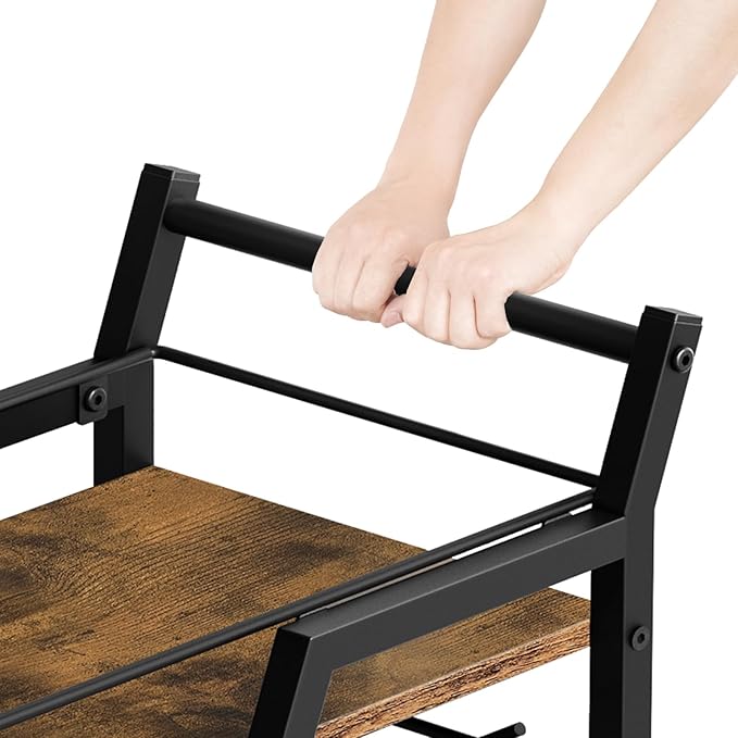 Bar Cart, 3-Tier Bar Cart for The Home, Home Bar Serving Cart with Glass Holders, Beverage Cart for Kitchen, Dining, Party Room, Rustic Brown and Black BC03BR