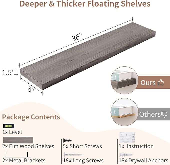 Axeman Floating Shelves for Wall, 8 Inch Deep Rustic Solid Elm Wood Wall Shelves for Storage, Wall Mounted Display Shelving with Invisible Heavy-Duty Metal Bracket, 36'' Width Set of 2, Grey