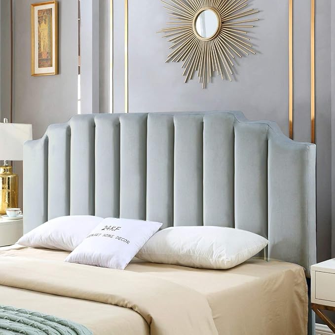 24KF Steel Gray Velvet Tufted King Upholstered Headboard, Modern Vertical Channel Design California King Headboard with Stepped Silhouette Top Edge, Steel Gray