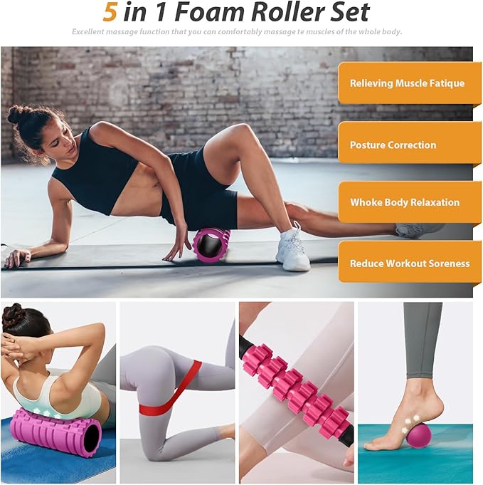 5 in 1 Foam Roller Set for Deep Tissue Muscle Massage, High Density Fitness Exercise Foam Roller, Massage Roller, Massage Ball, Resistance Band, for Whole Body (Pink-Black)