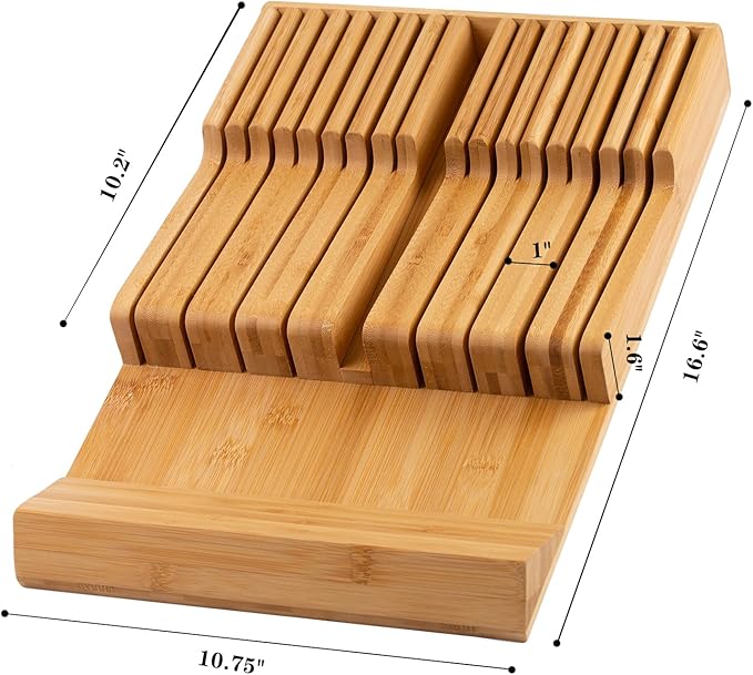 Bamboo Kitchen Drawer Knife Holder, In-drawer Knife Block, Knife Drawer Organizer fit for 16 knives and 1 steel sharpening