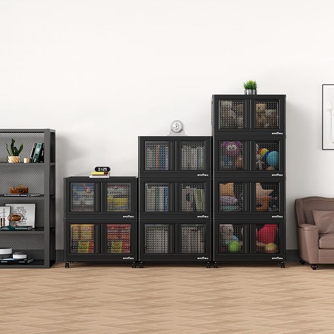 600Qt Stackable Storage Bins with Lids, 150Gal Closet Organizers and Storage Drawer, Plastic Collapsible Storage Bins with Doors, Heavy Duty Store Box Cabinet for Home Kitchen, 6Pack Black